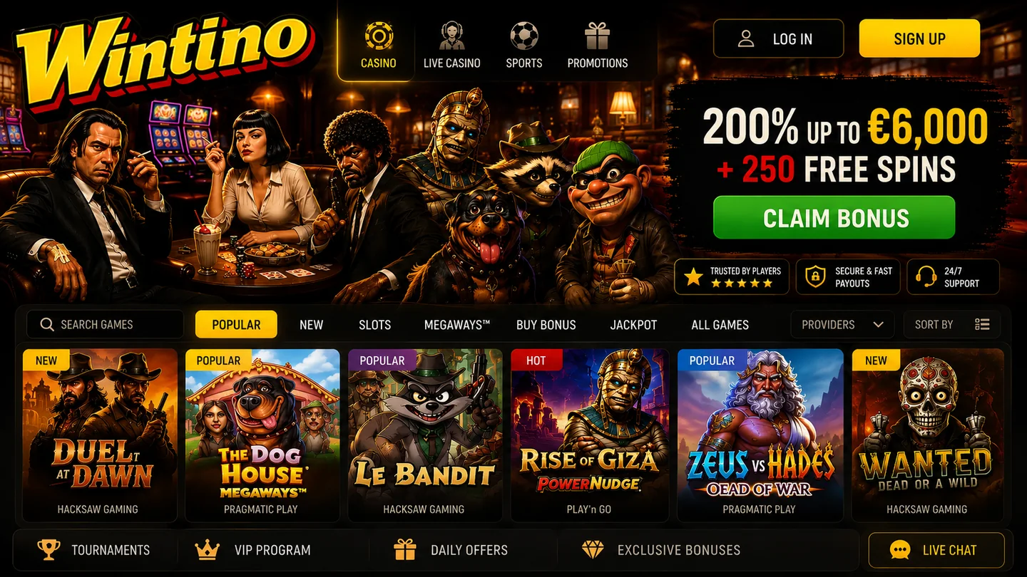 The Wintino casino lobby showing popular slots and the bonus offer